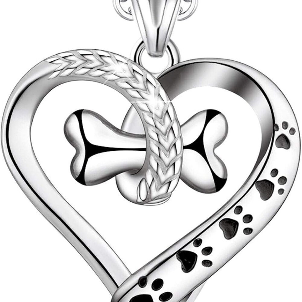 Sterling Silver Dog Paws Heart Pendant Necklace 18in Gift for Dog Lover